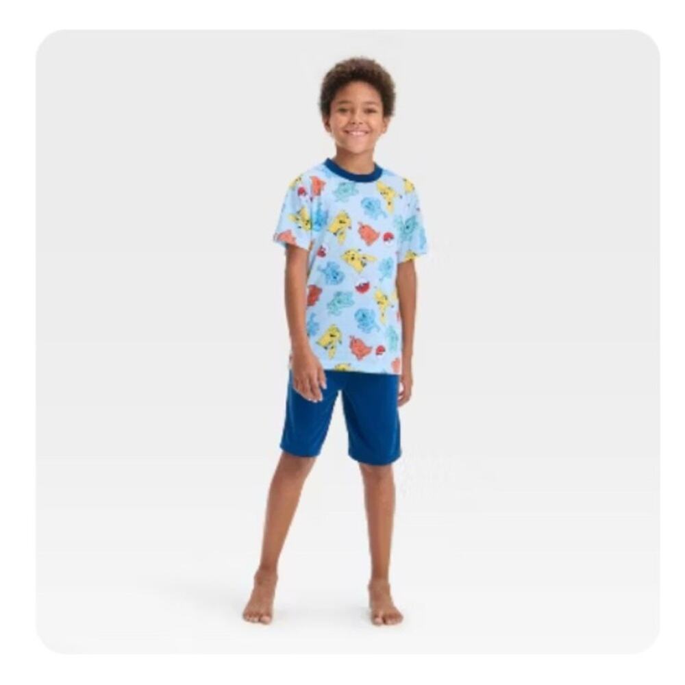 Boys Girls Pokemon 2pc Short Sleeve PJs Pajama Set M 8/10 Blue NWT Blue Pikachu